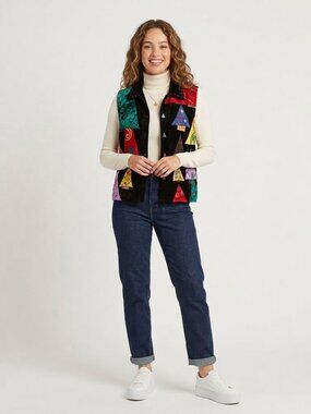VTG Carrie Allen Black Velvet Christmas Tree Patchwork Applique Vest Small